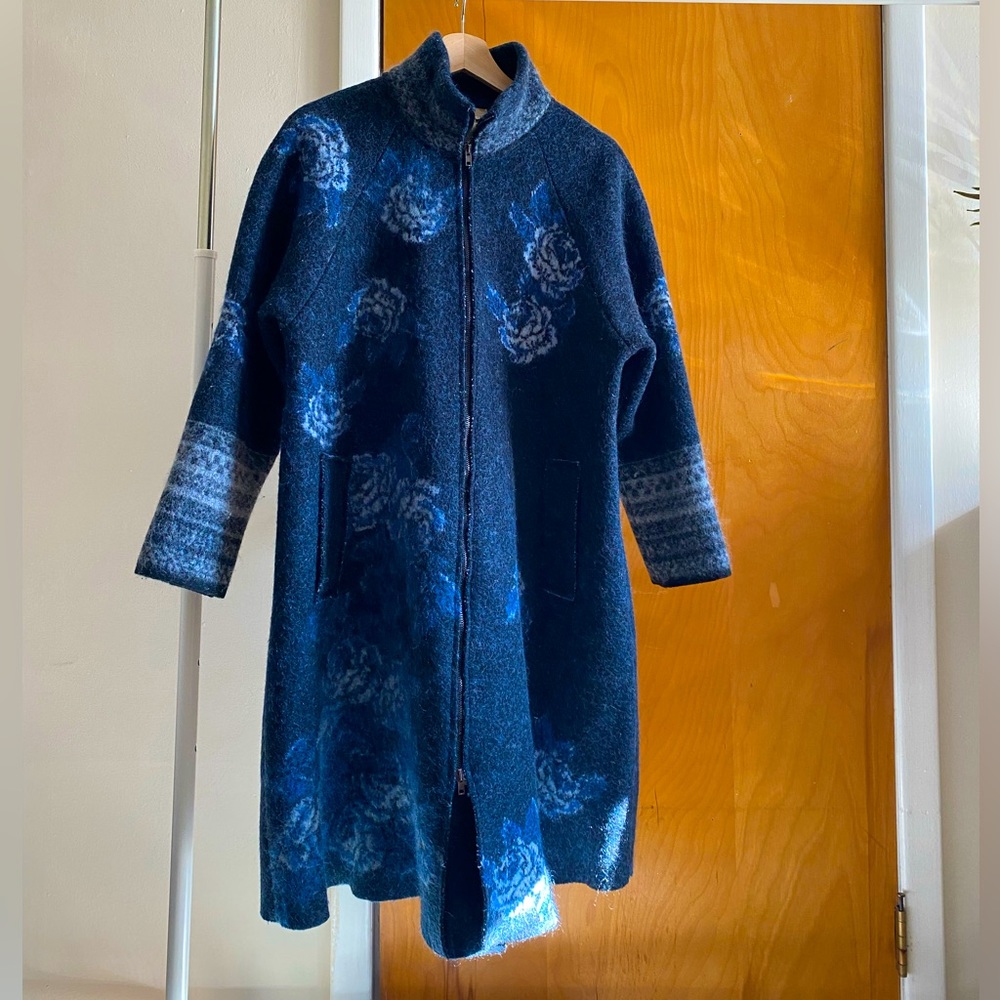 Jean Paul Gaultier Fuzzi Floral Blue Wool Zipper Coat